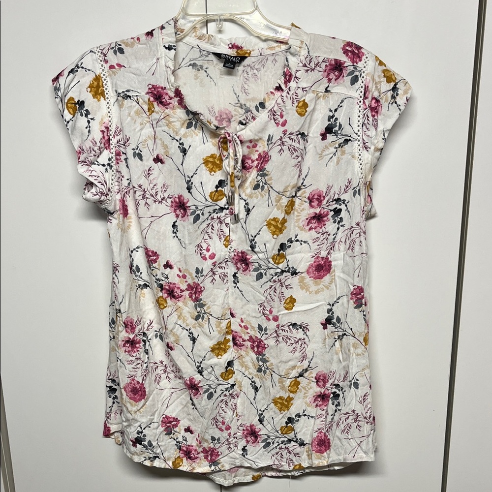 Buffalo David Bitton Pink and Gold Floral Boho Blouse | Small